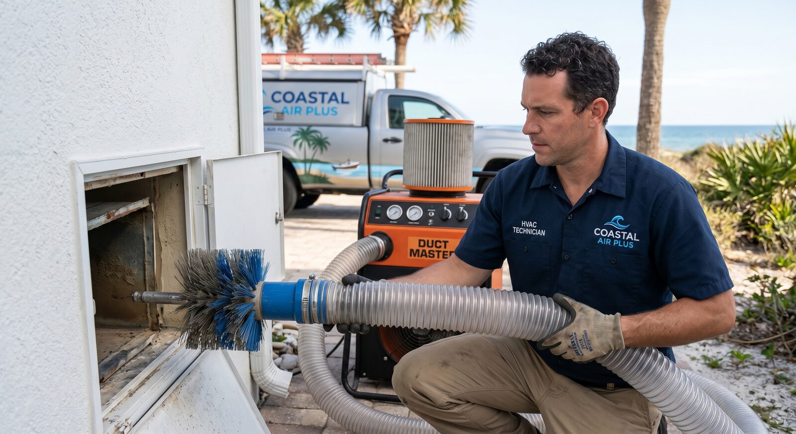 Coastal Air Plus technician running a duct clean with the branded truck visible in a Lowcountry driveway