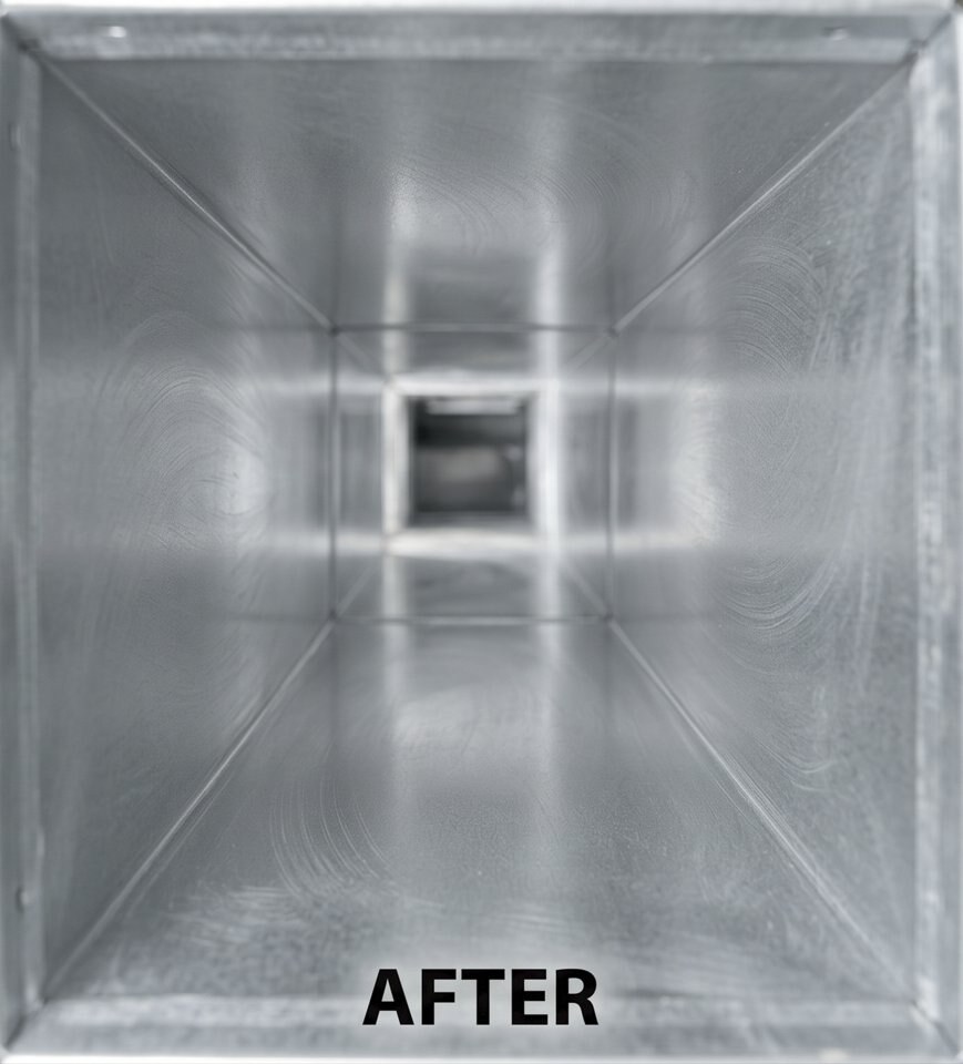 Residential air duct before cleaning — heavy dust accumulation, debris, and cobwebs