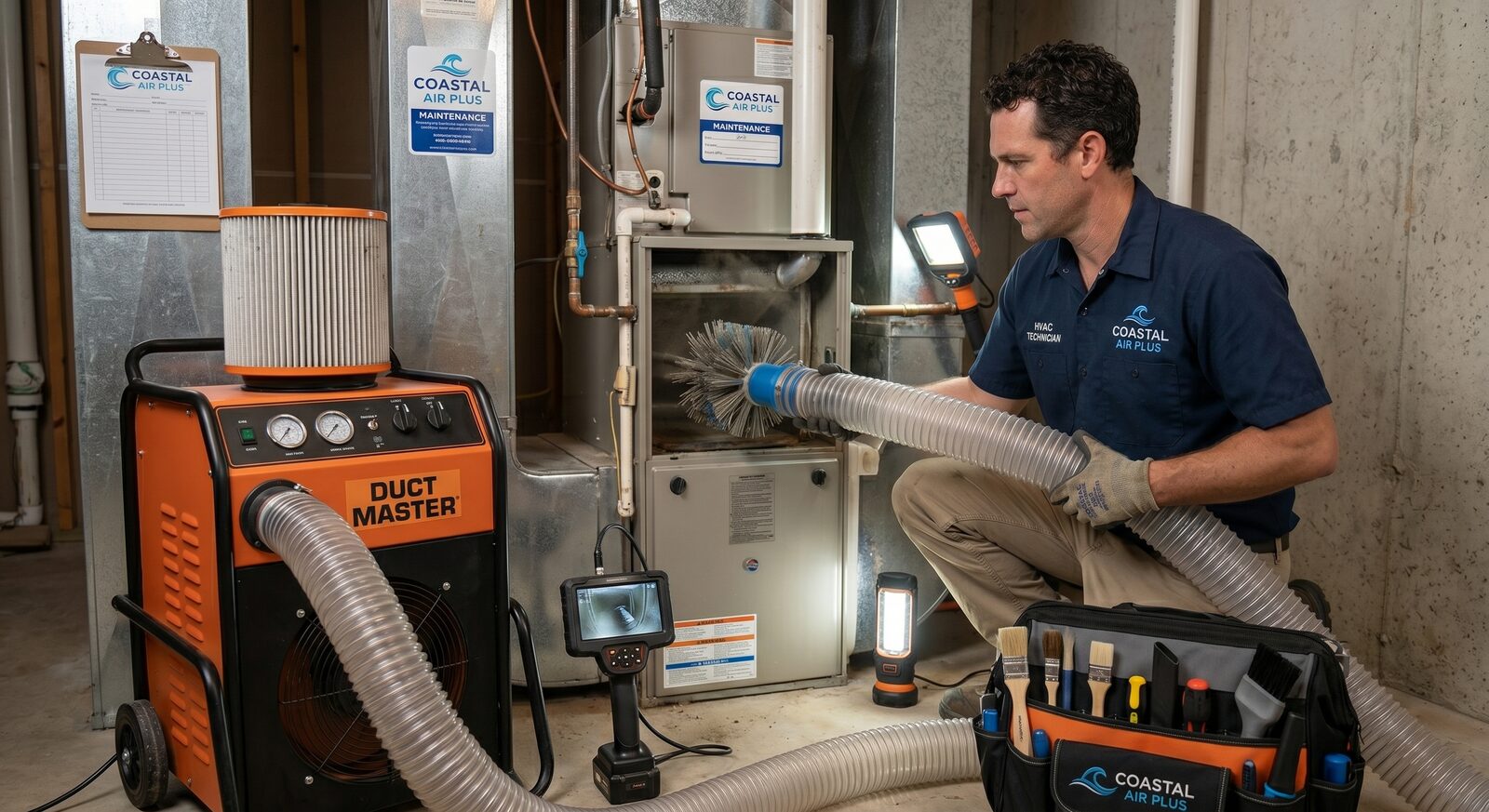 Coastal Air Plus technician running a NADCA source-removal duct clean with rotating brush and negative-pressure DuctMaster system