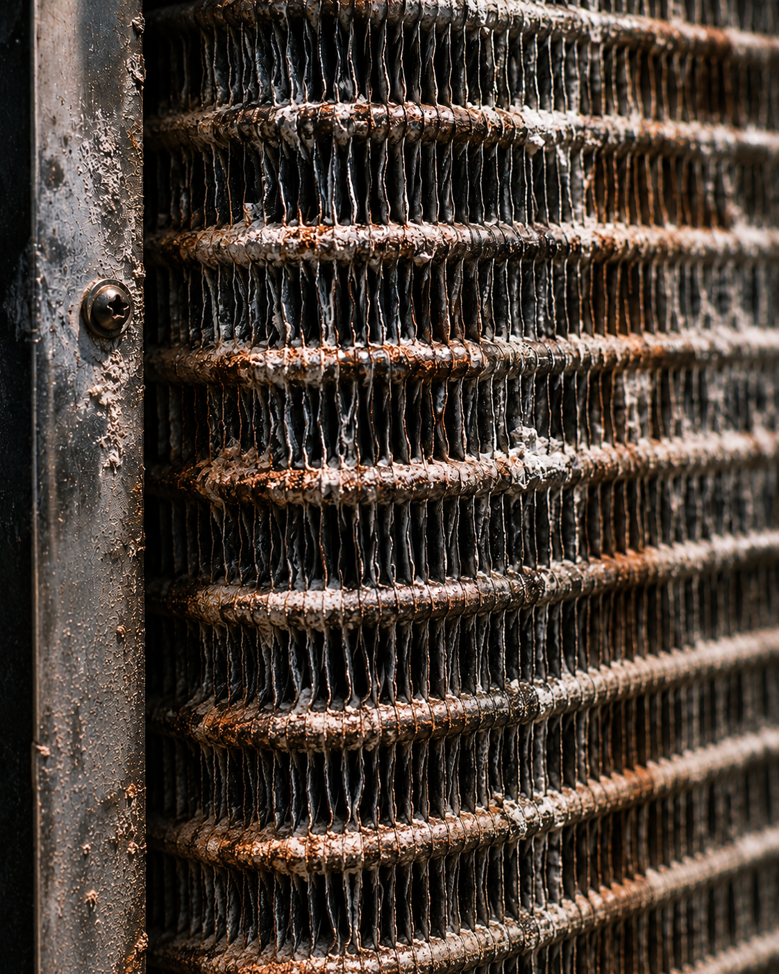 Close-up of a salt-corroded AC coil from a Summerville home