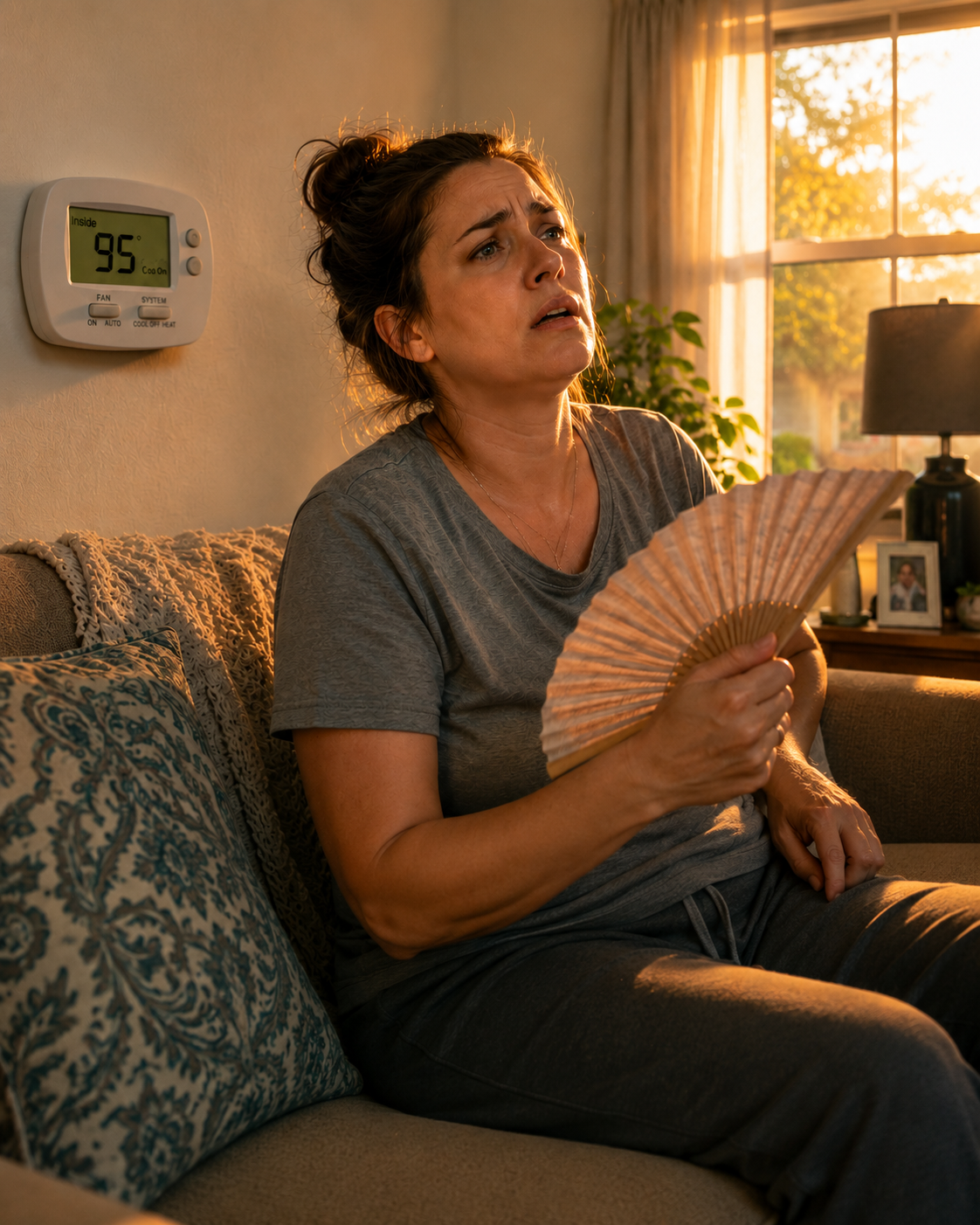Summerville homeowner fanning herself in a hot house after the AC quit, thermostat reading 95 degrees