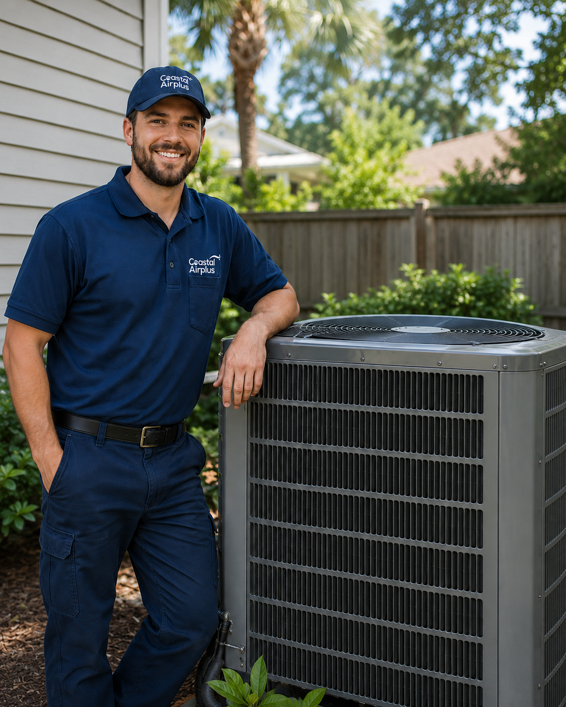 Coastal Air Plus technician beside an AC condenser at a Summerville home
