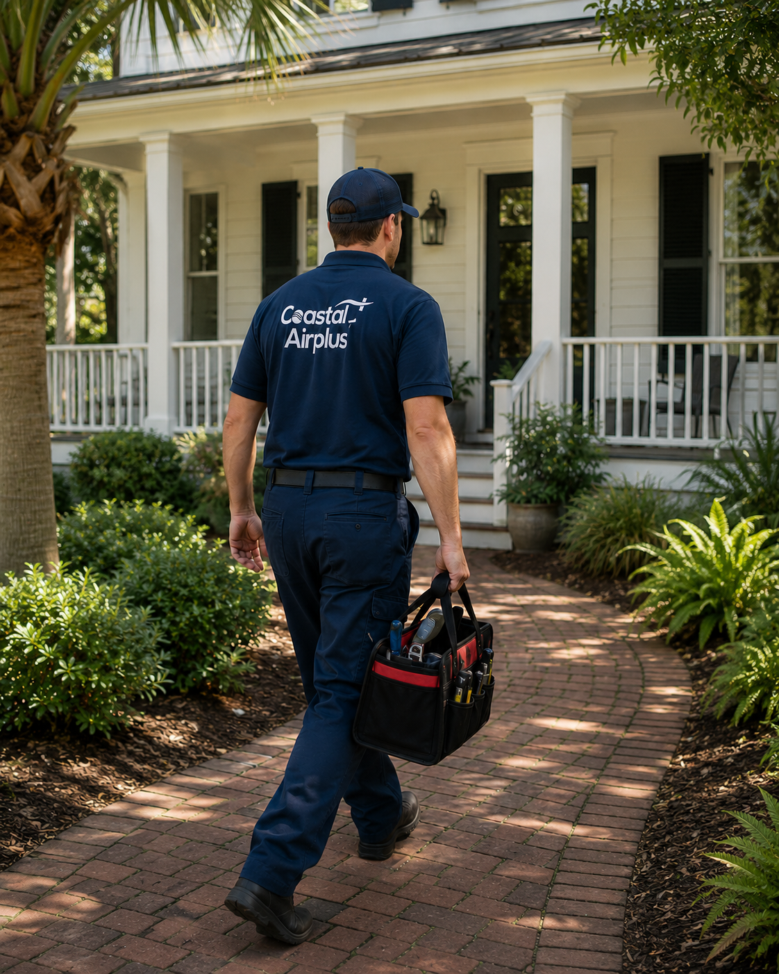 Coastal Air Plus technician arriving at a Summerville home with tools for same-day AC repair