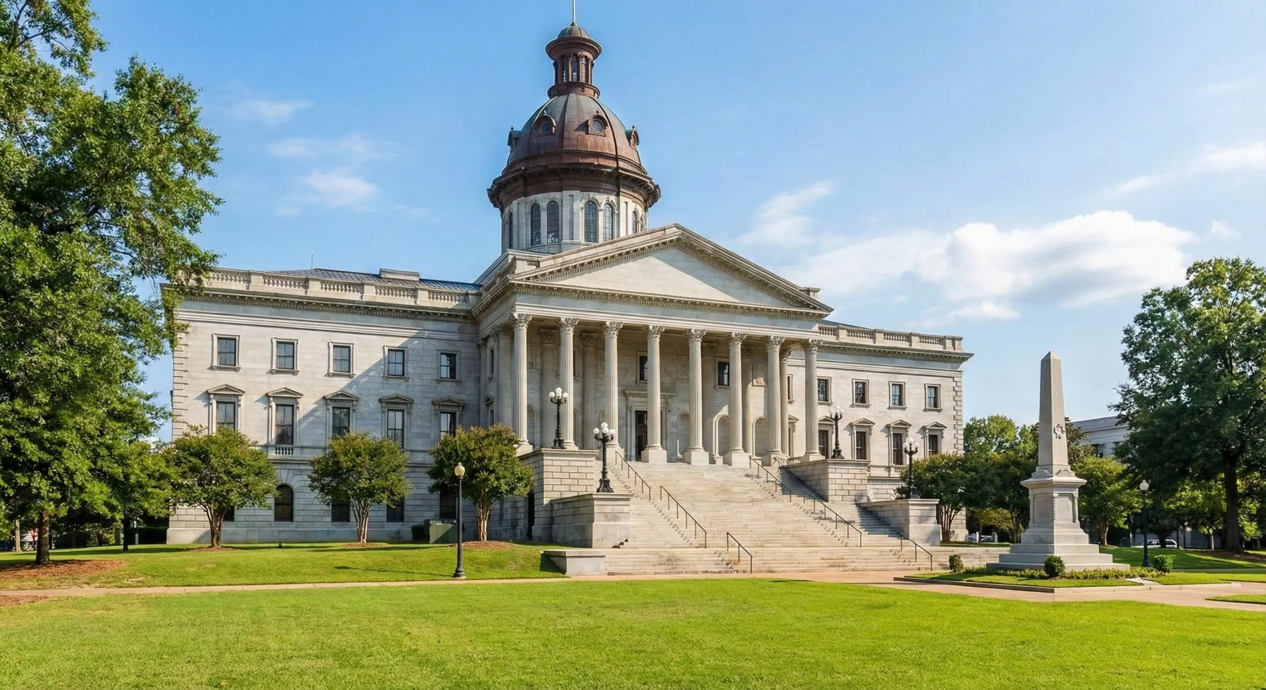A neoclassical government building with large columns, a central dome, wide stone steps, and manicured lawns—known for reliable heating repair—stands surrounded by trees under a blue sky.