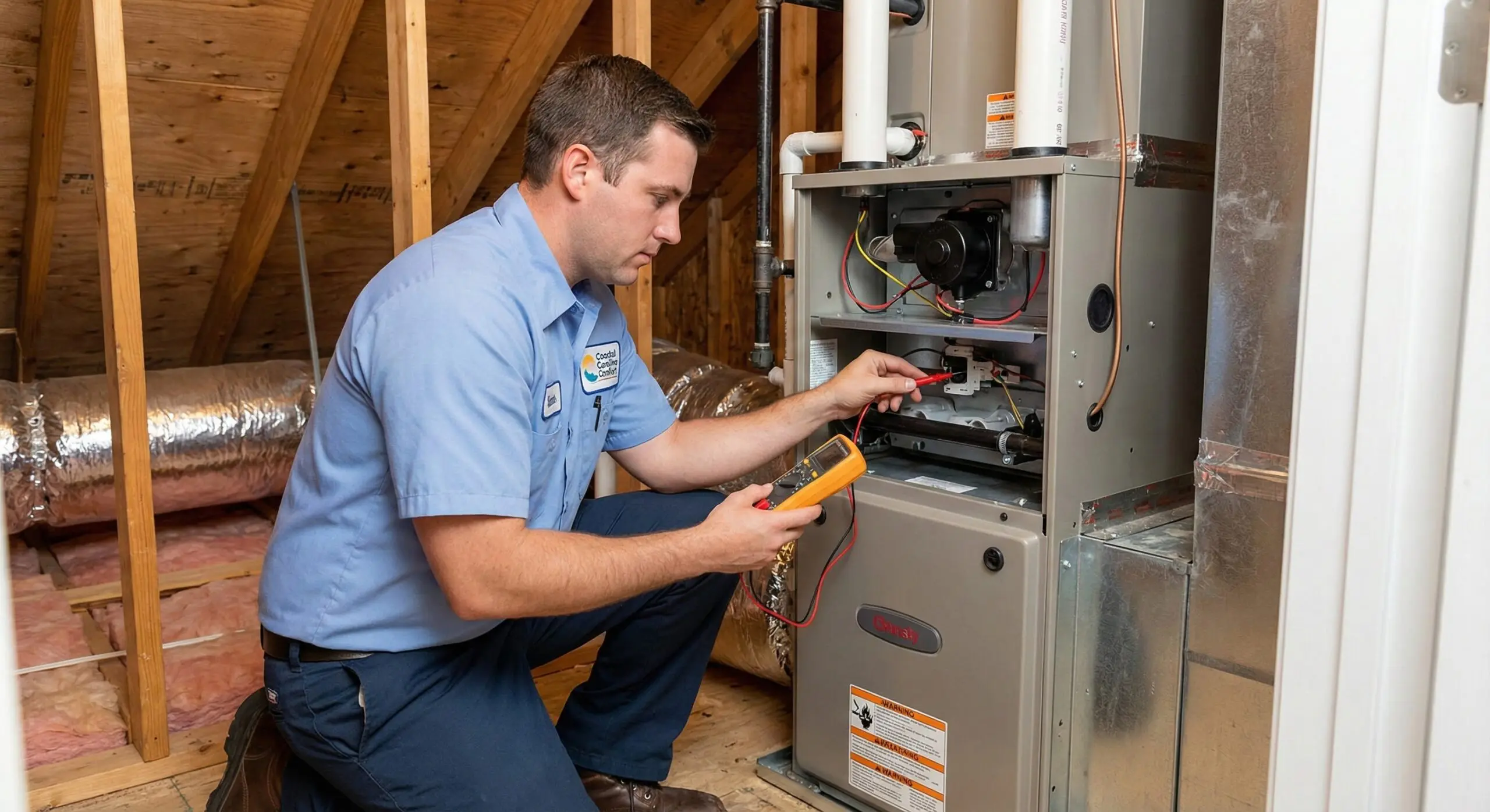 A technician kneels in an attic, inspecting and testing a gas furnace with a multimeter. He wears a blue uniform shirt and is surrounded by exposed wooden beams and ductwork, ensuring Gas Furnace Safety with trusted Cane Bay Heating Repair service.