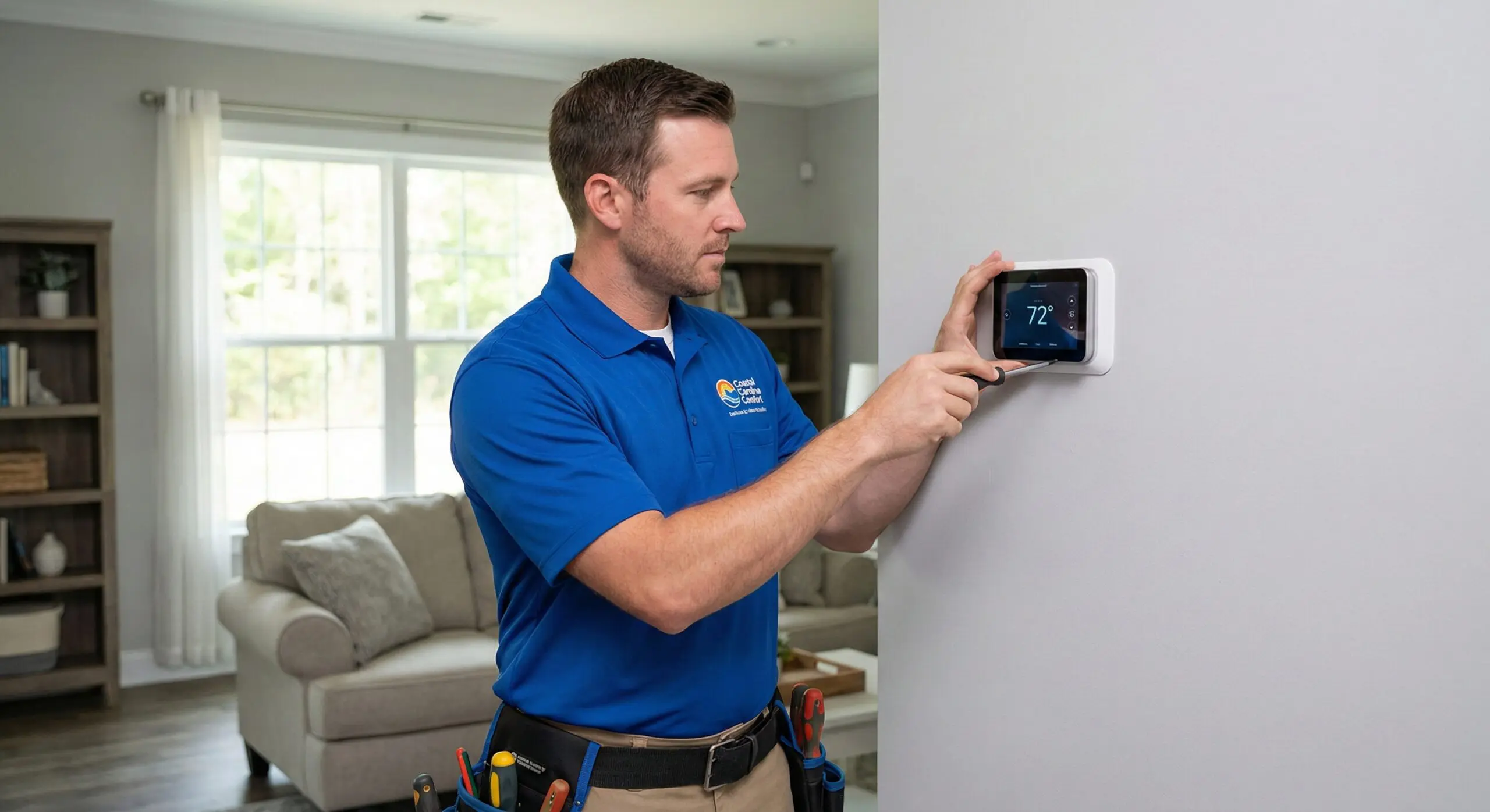 A technician in a blue polo shirt adjusts a digital thermostat on a living room wall, showcasing his Summers Corner Heating Repair expertise, with tools in his belt and a sofa, bookshelf, and window in the background.