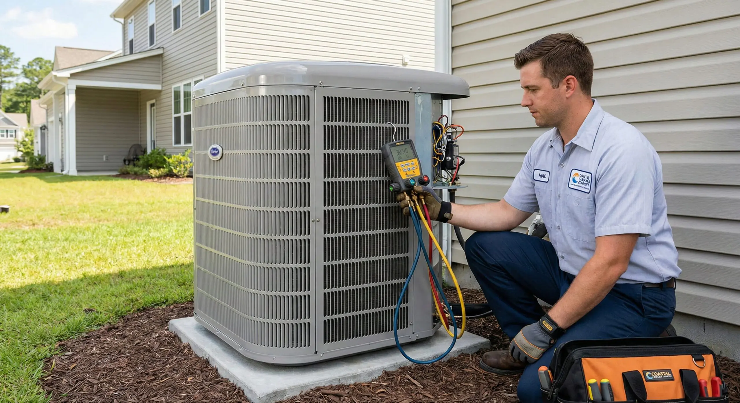An HVAC technician kneels beside an outdoor air conditioning unit, checking gauges for cooling issues while wearing a uniform and gloves. Tools and an orange tool bag are on the ground nearby. A house is in the background.