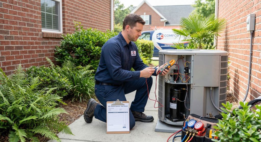 A technician in a navy uniform kneels by an outdoor HVAC unit, using a multimeter to check the system. Tools, gauges, and a clipboard are nearby. The AC repair scene is outside a brick house in South Carolina, surrounded by green plants.
