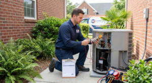 A technician in a navy uniform kneels by an outdoor HVAC unit, using a multimeter to check the system. Tools, gauges, and a clipboard are nearby. The AC repair scene is outside a brick house in South Carolina, surrounded by green plants.