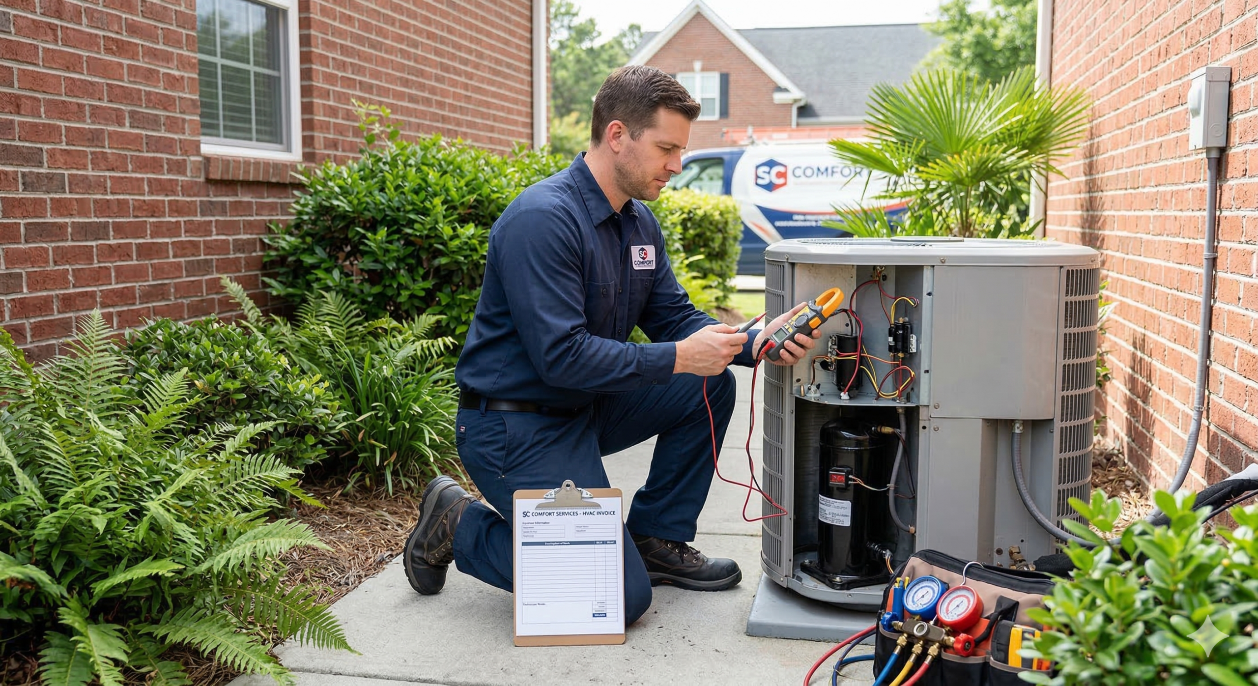 A technician in a navy uniform kneels by an outdoor HVAC unit, using a multimeter to check the system. Tools, gauges, and a clipboard are nearby. The AC repair scene is outside a brick house in South Carolina, surrounded by green plants.