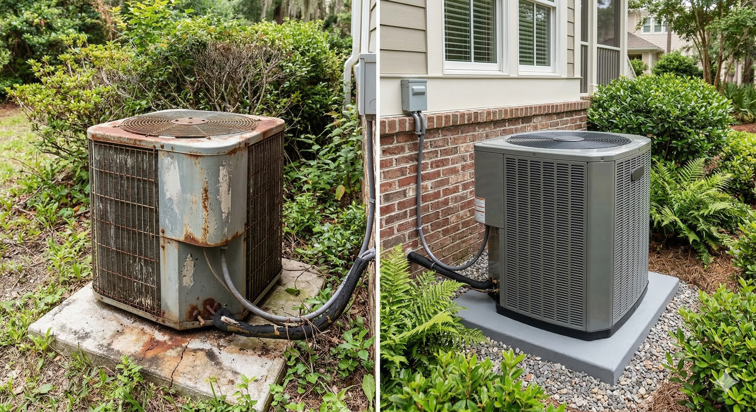 Side-by-side comparison of an old, rusted outdoor air conditioning unit on the left and a new, modern unit on the right, both installed next to a house surrounded by greenery.