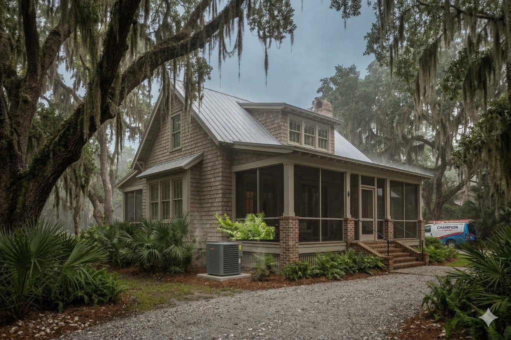 A rustic cottage with wood siding and a screened porch sits among moss-draped trees. Palmetto plants surround the house, while a gravel driveway leads to it—a generator and AC unit offer relief from the South Carolina humidity.