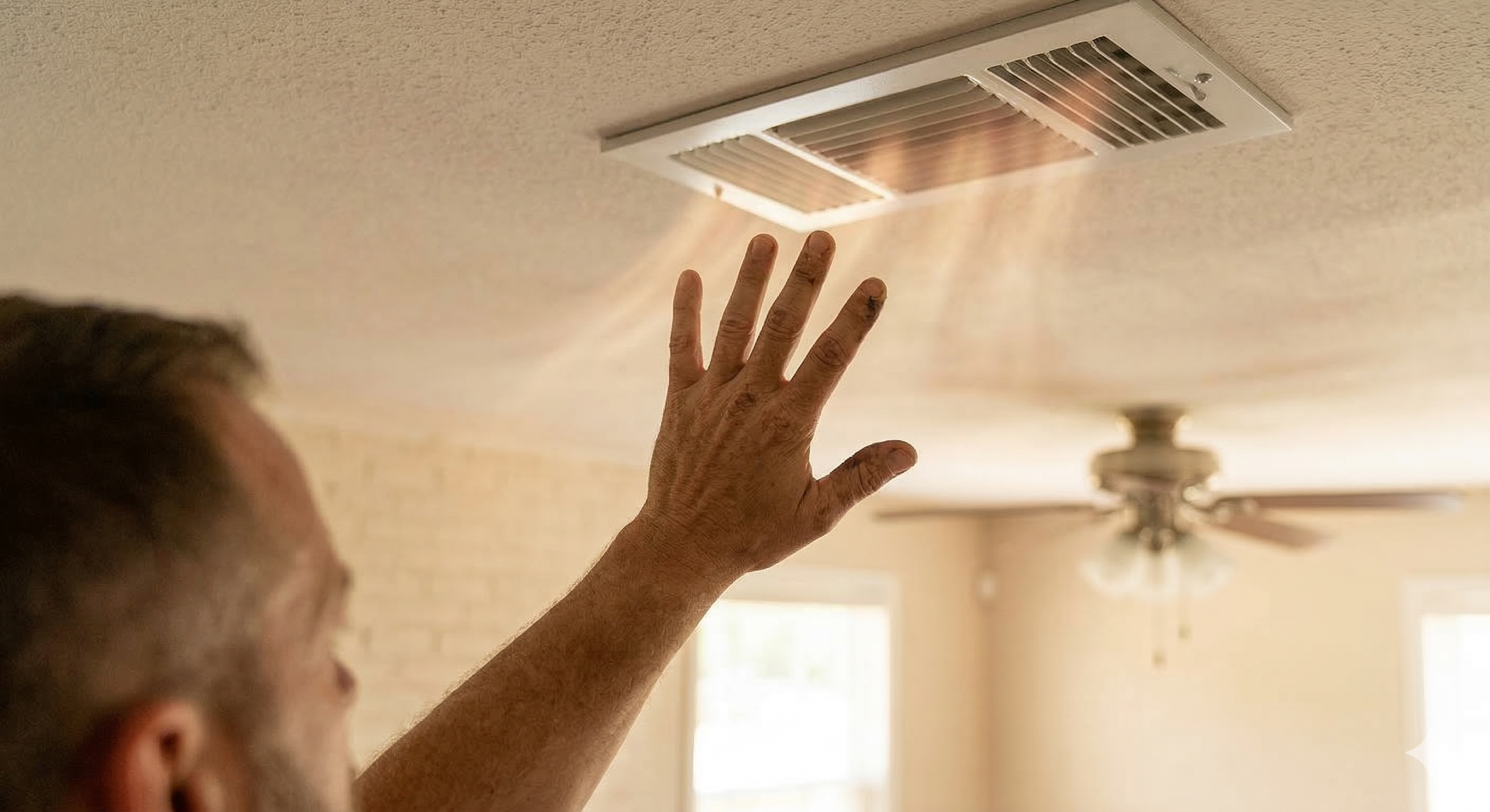 A person holds their hand under a ceiling vent as warm air blows out—an all-too-common AC troubleshooting scene for South Carolina homeowners, with sunlight streaming through windows and a ceiling fan in the background.