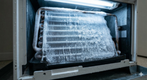 A close-up view of an air conditioner evaporator coil covered with a thick layer of ice and frost, indicating a malfunction or freezing issue.