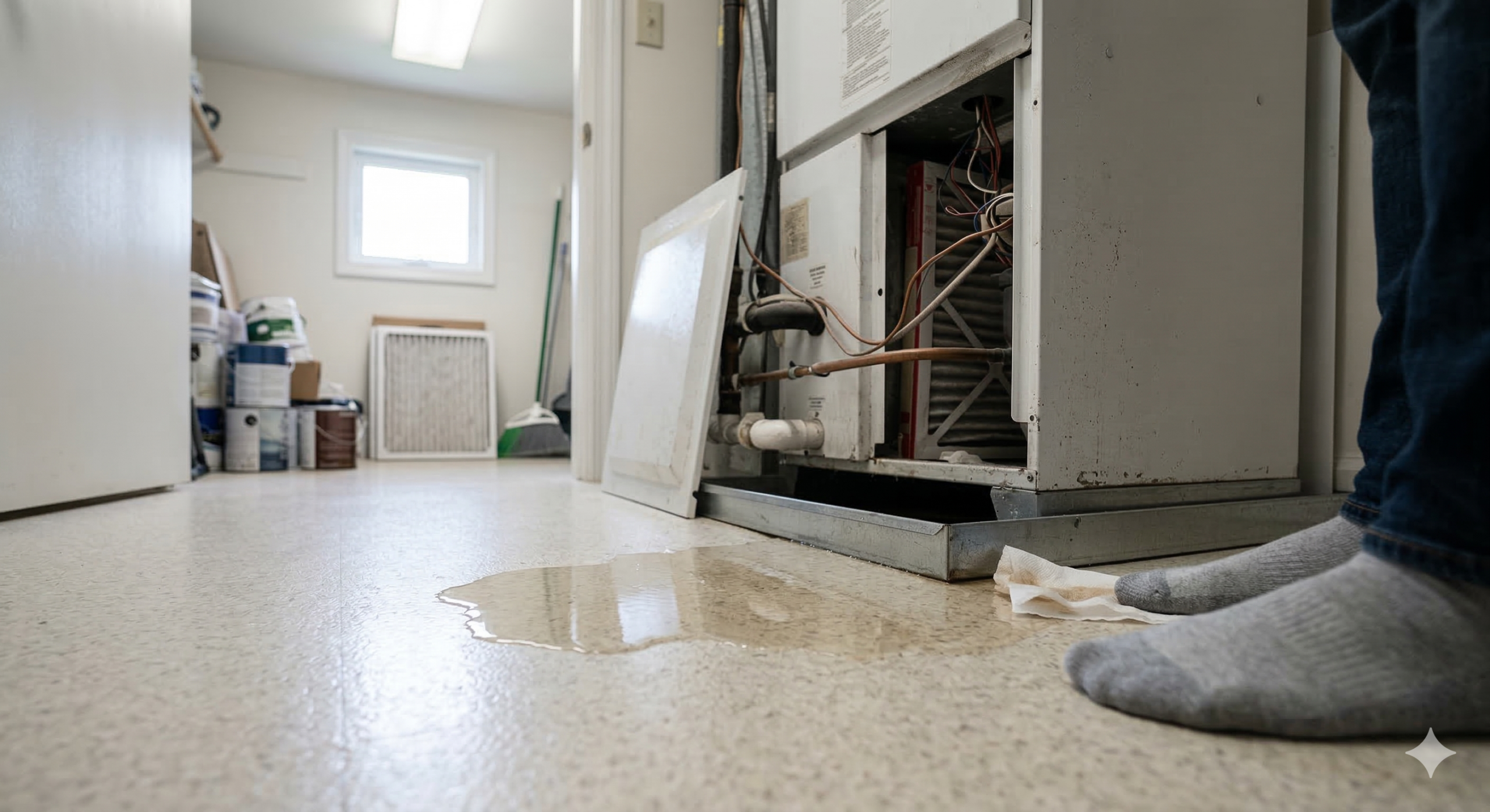 A person wearing gray socks stands near an AC water problem, with a puddle forming under a leaking HVAC unit in a utility room. The unit’s panel is open and cleaning supplies are visible in the background.