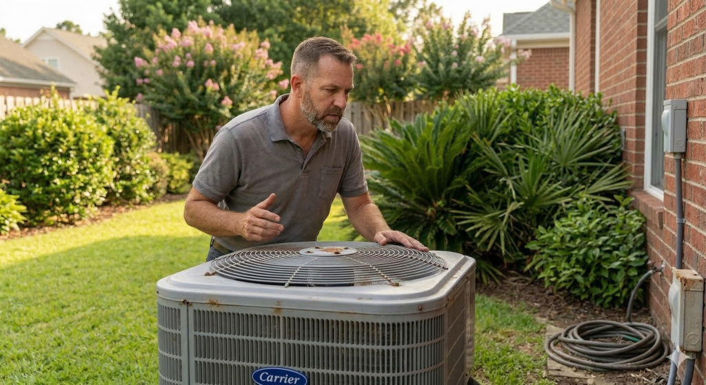 A man in a gray polo shirt inspects an outdoor AC unit for strange AC sounds in a backyard next to a brick house, surrounded by green plants and grass.
