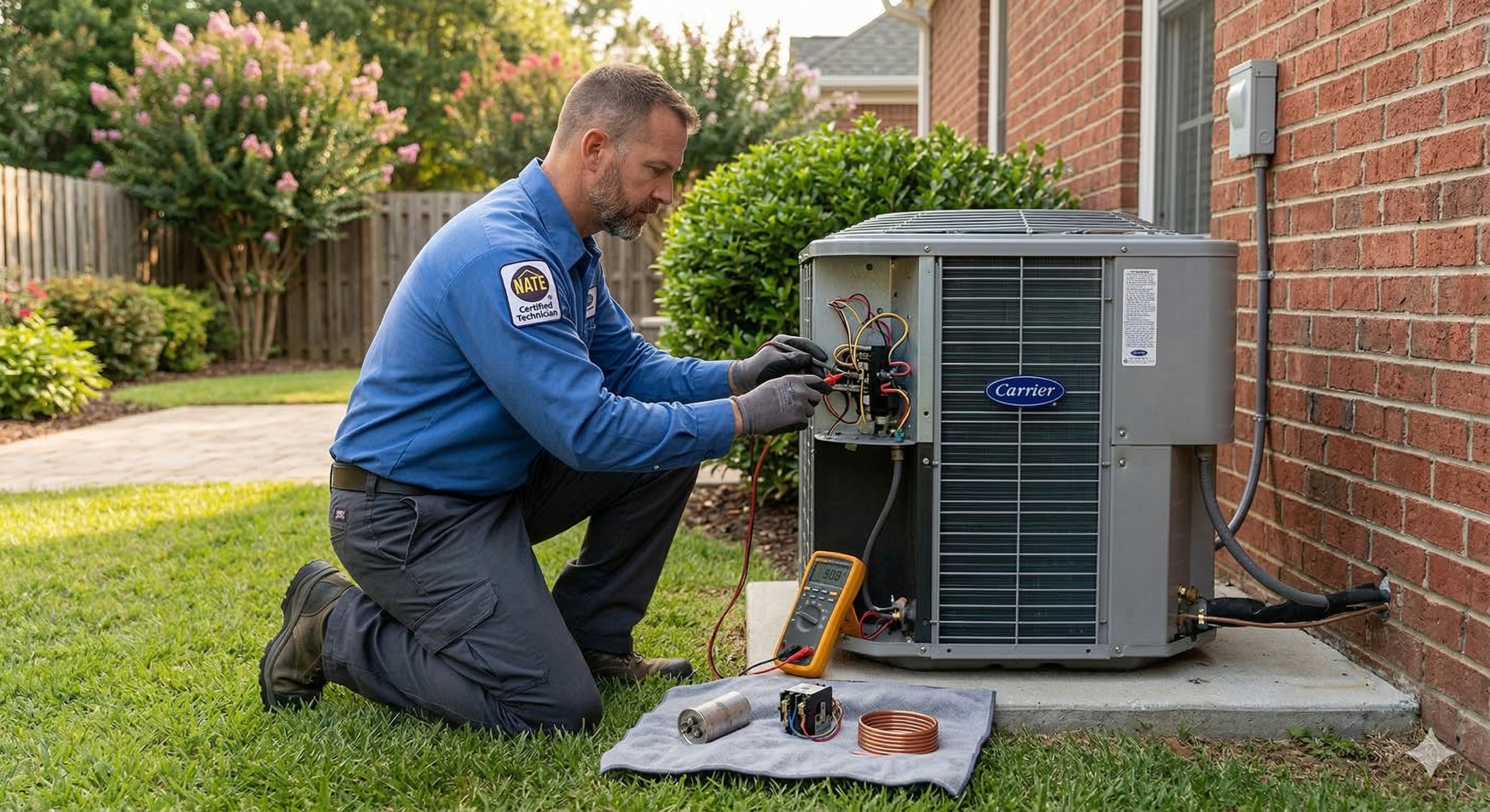 A technician kneels on grass, repairing an outdoor air conditioning unit next to a brick house—tools spread on a cloth nearby, ensuring quality service while considering AC repair cost in Columbia SC.