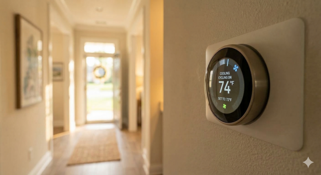 A smart thermostat is mounted on a beige wall in a South Carolina hallway, displaying 74°F. Sunlight streams through an open doorway, brightening the space—ideal for spotting AC short cycling and learning its causes and fixes.