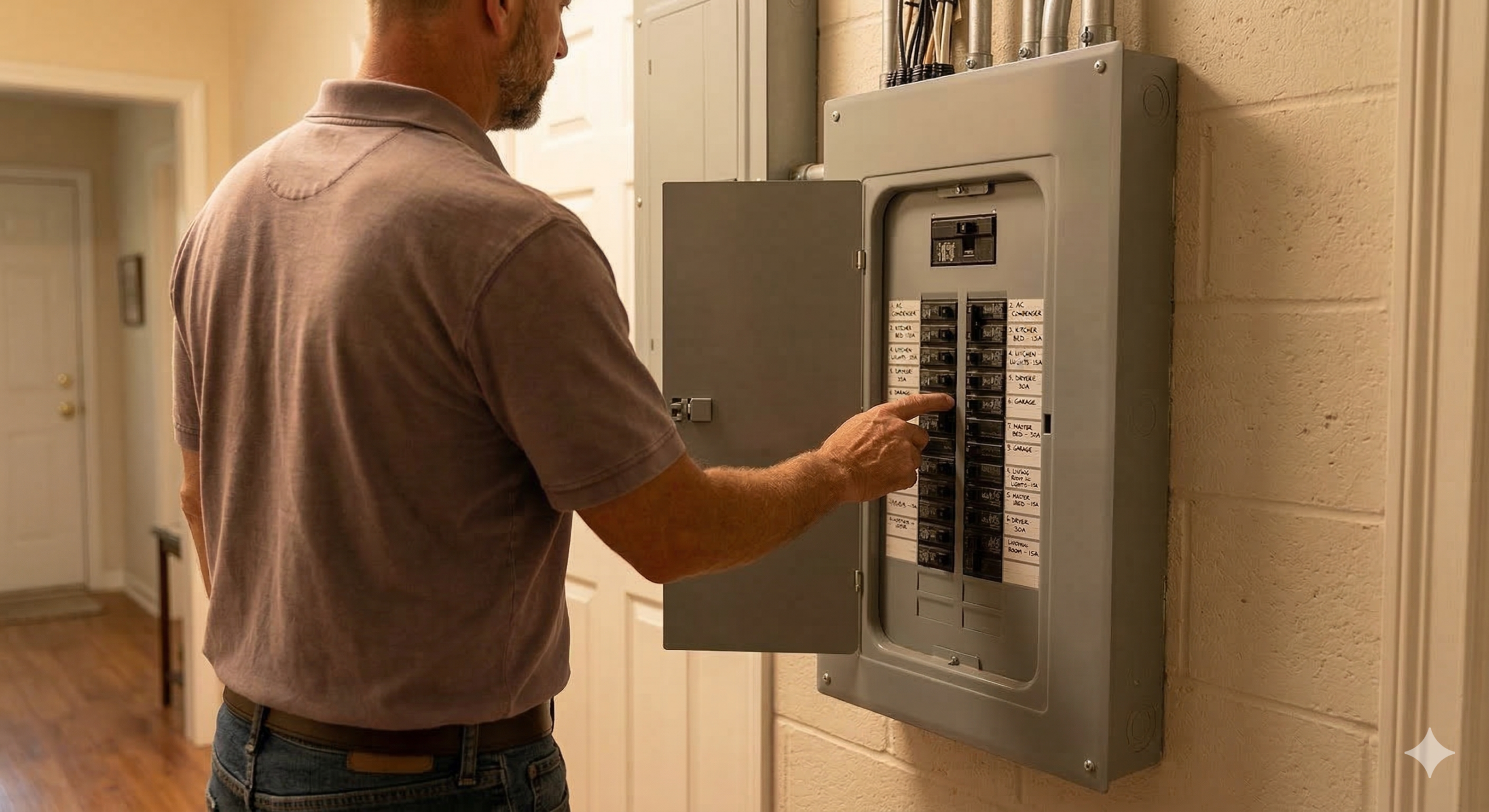 A man in a polo shirt stands indoors, adjusting a switch on an open electrical panel while performing AC troubleshooting. The room features wooden floors and a hallway visible in the background.