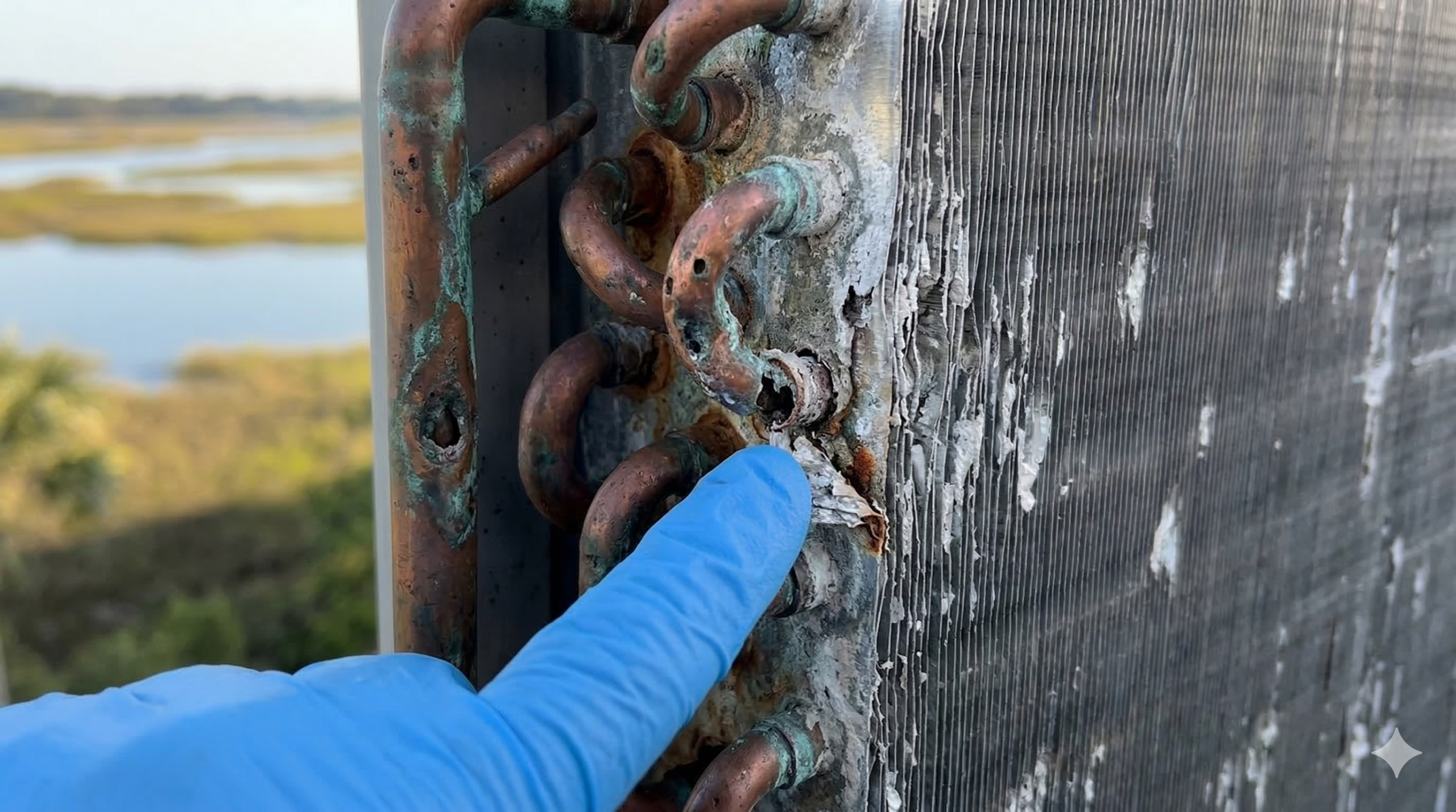A gloved hand points to a corroded and damaged spot on copper pipes attached to metal fins, likely part of an outdoor AC unit, highlighting the need for professional AC repair Charleston with a blurred natural landscape in the background.
