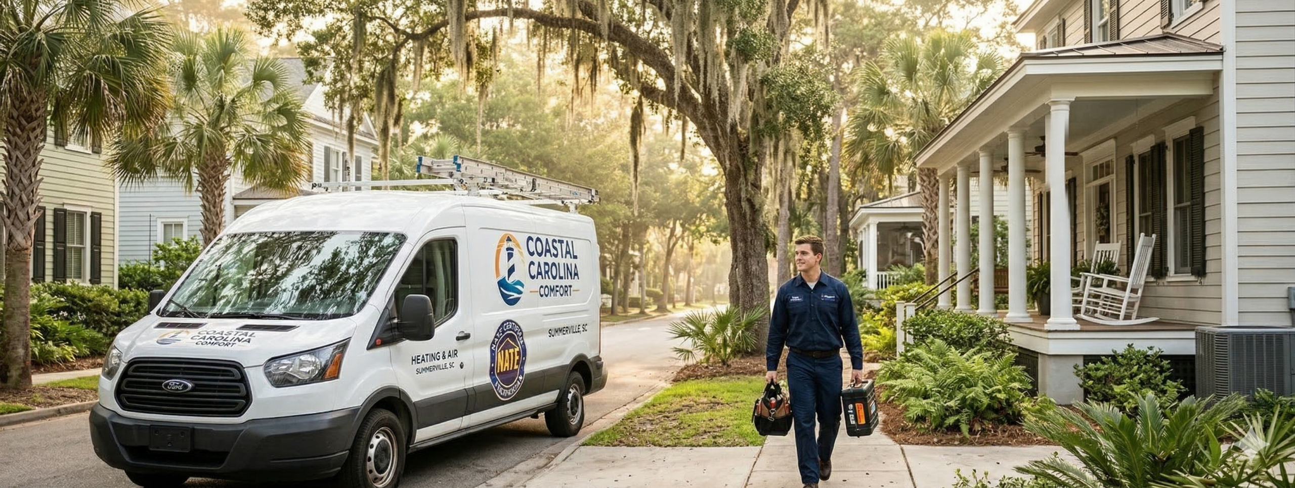 A Coastal Carolina Comfort technician walks toward a house carrying tool bags on a sunny, tree-lined street in Summerville, SC. Nearby, a white service van is parked—ready to provide expert AC repair surrounded by palm trees and mossy oaks.