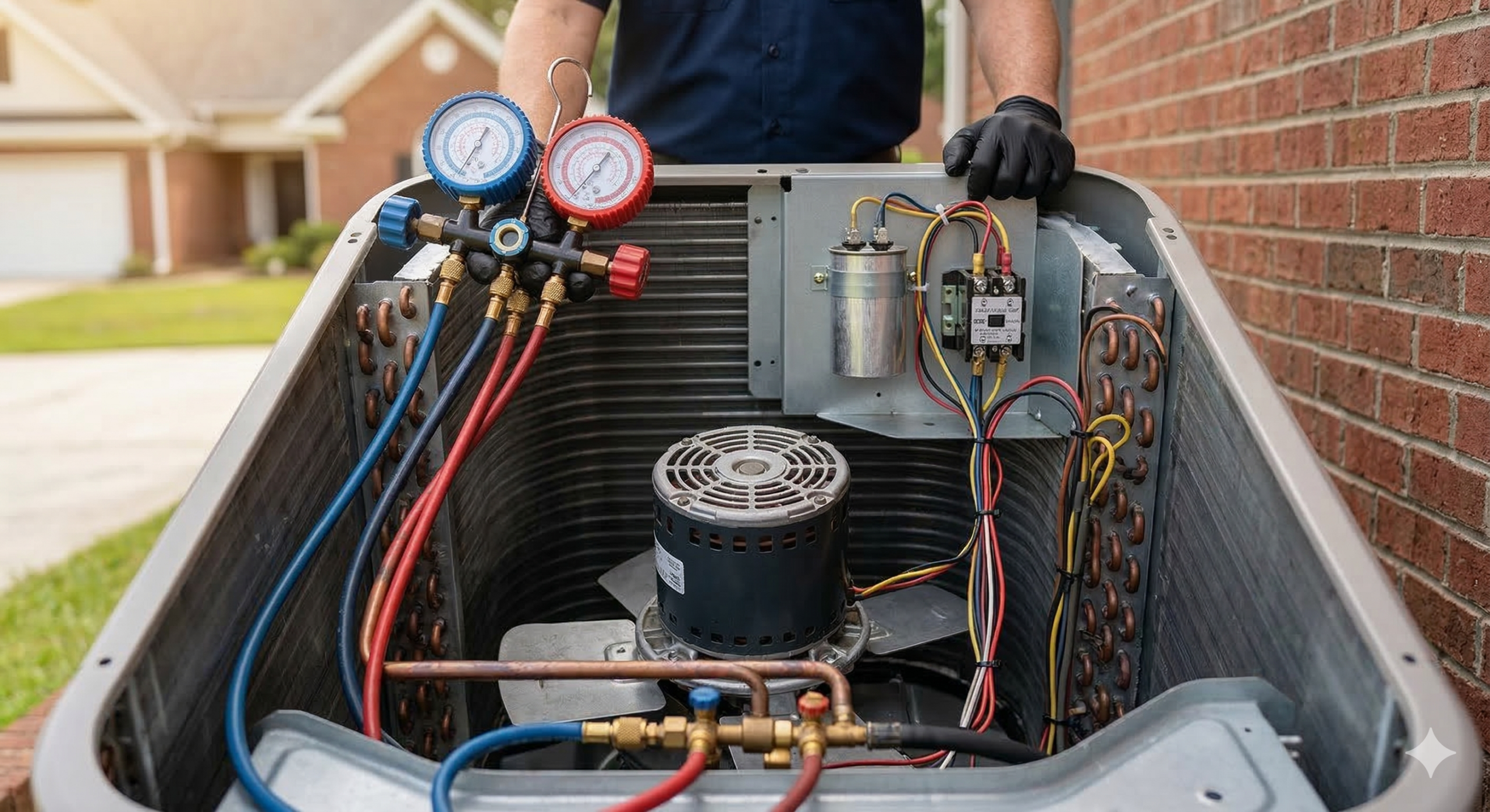 A technician in Columbia SC stands behind an open air conditioning unit, checking pressure gauges. The inside of the AC repair project reveals wires, a fan, and various mechanical components.