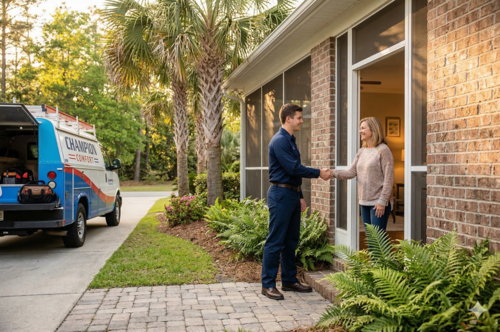 A service technician from a leading AC repair company shakes hands with a woman at her front door. A Chillowee Comfort van is parked in the driveway of a brick house surrounded by greenery, serving the Lowcountry community.