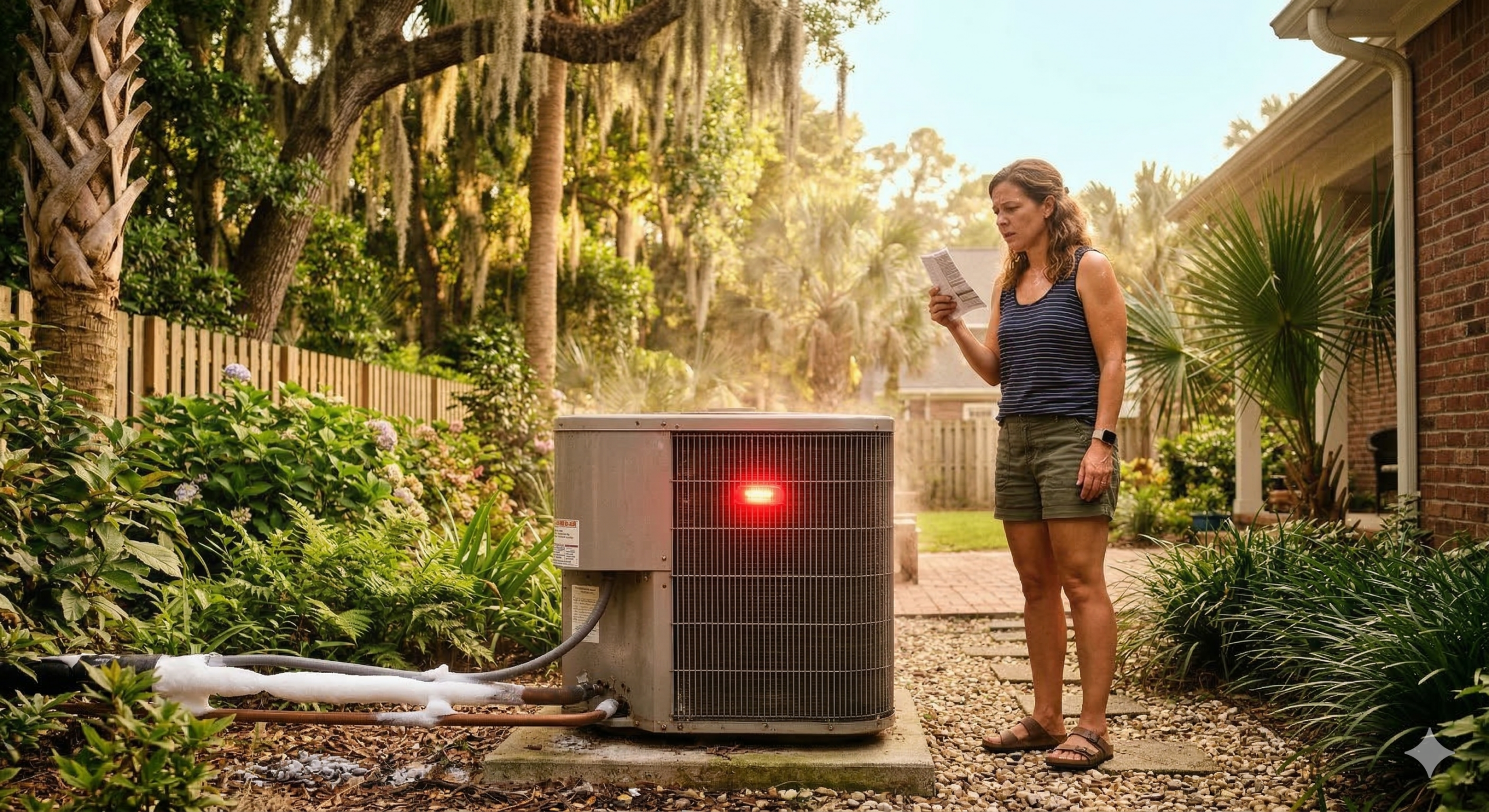 A woman stands in a backyard near an outdoor air conditioning unit with a red warning light and visible frost. She reads a piece of paper with concern, facing an Emergency AC Repair as Lowcountry Heat bears down. Lush greenery frames the brick house behind her.