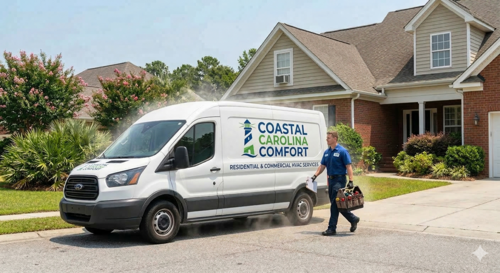 A Coastal Carolina Comfort service van, branded and ready for Emergency AC Repair, is parked in front of a suburban Columbia home in the South Carolina Midlands as a technician with a tool bag walks toward the entryway, surrounded by lush greenery.