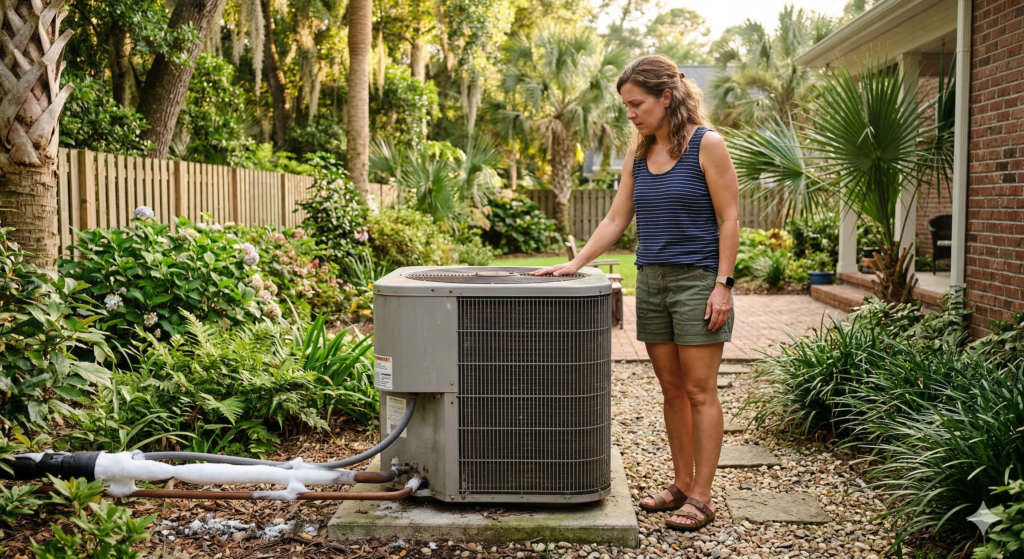 A woman stands outside next to a large air conditioning unit surrounded by greenery, inspecting it for signs your AC needs repair. A brick house and garden are visible in the background as she considers when to call a pro.