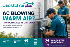 Two Coastal Airplus technicians inspect an outdoor AC unit next to a house, addressing AC problems like AC blowing warm air. Text highlights diagnostics, air conditioner repair services offered, and the slogan “Cool Comfort. Coastal Care.” Logo and service icons are visible.