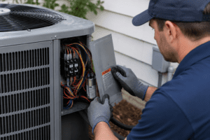 A technician wearing gloves and a cap works on the electrical panel of an outdoor air conditioning unit, holding the open cover and inspecting the wiring beside a house, ensuring everything meets Elementor standards.