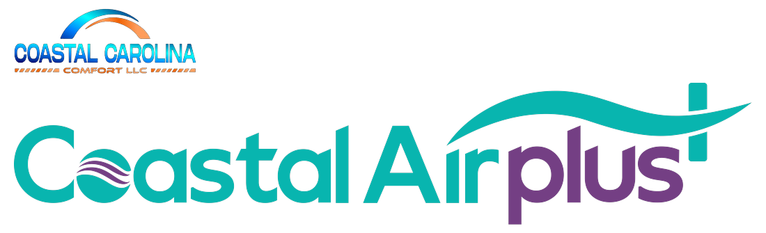 Logo showing Coastal Carolina Comfort LLC above now part of and a larger Coastal Air Plus in teal and purple with a wave design above the text.