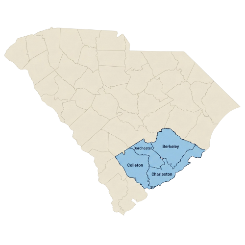 A map of South Carolina highlighting the counties of Berkeley, Charleston, Colleton, and Dorchester in blue, while the rest of the counties are shaded beige.