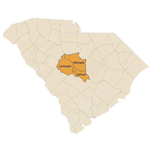 A map of South Carolina highlighting three central counties—Lexington, Richland, and Calhoun—in orange, while the rest of the counties are shown in light beige.
