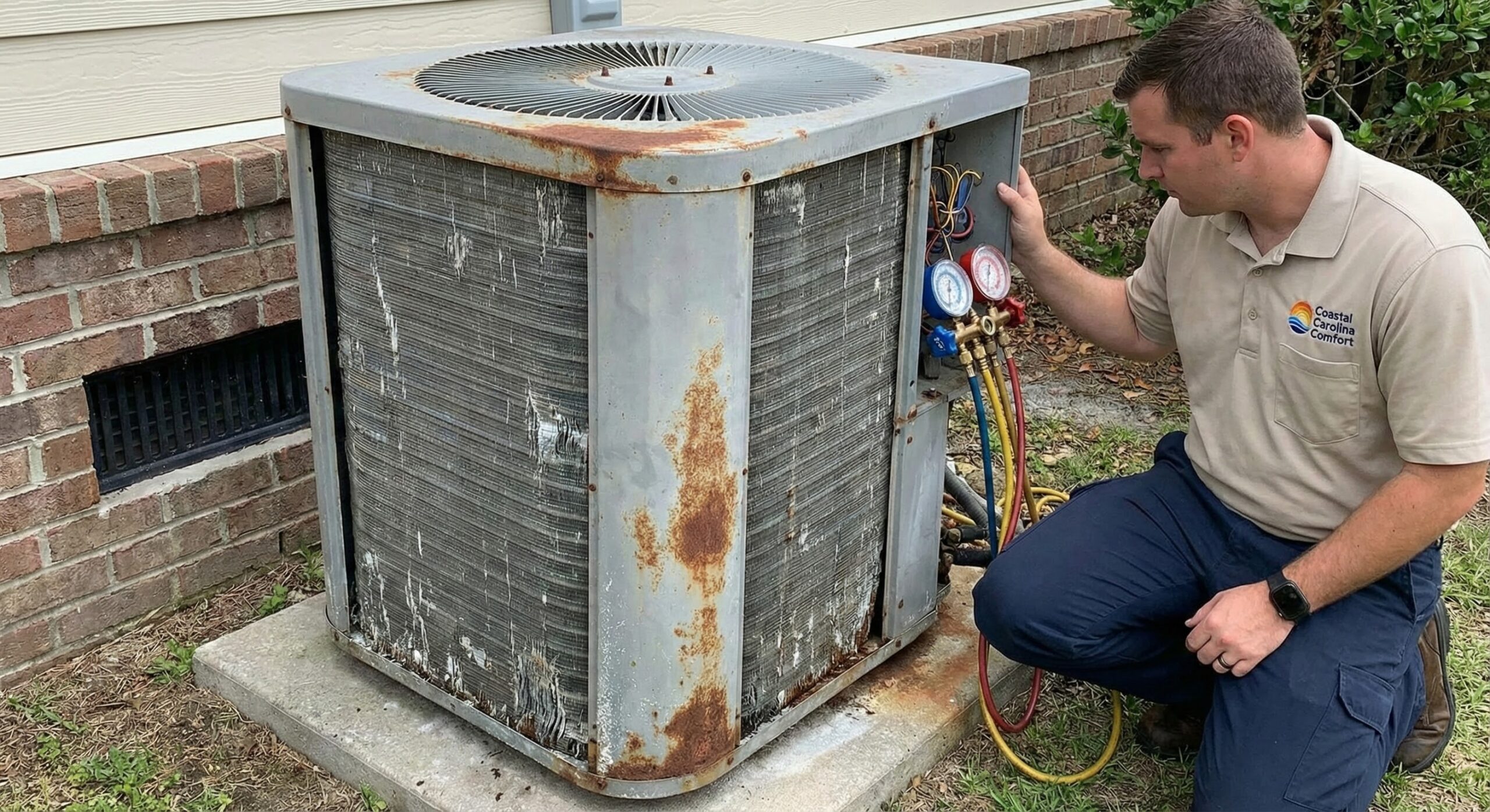 A technician kneels next to an old, rusty outdoor air conditioning unit, using gauges to check the system. The unit is placed on a concrete pad beside a brick house.