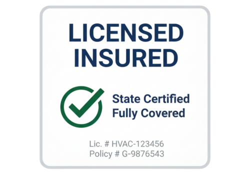 A sign reads LICENSED INSURED with a green checkmark and the words State Certified Fully Covered. Below, it lists Lic. # HVAC-123456 Policy # G-9876543.