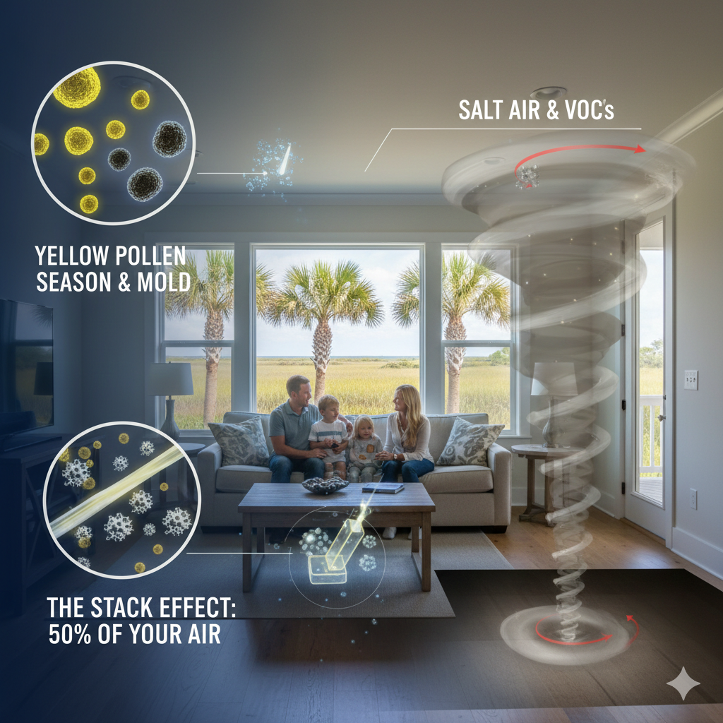 A family sitting on a couch in a cozy Lowcountry living room, enjoying fresh air thanks to advanced air purification.