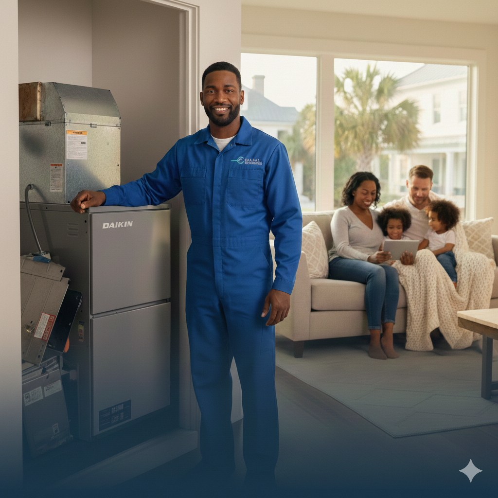 A smiling technician in a blue jumpsuit stands beside a furnace, ready for a furnace replacement, while a happy Lowcountry family sits together on a sofa in the bright living room.