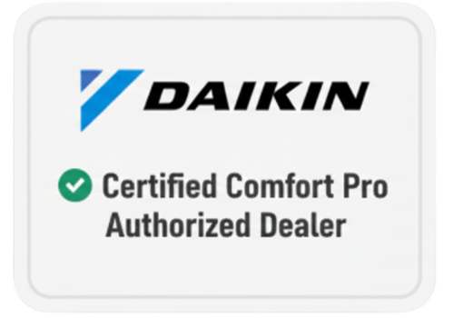 Daikin logo above the text Certified Comfort Pro Authorized Dealer with a green check mark on a white background.