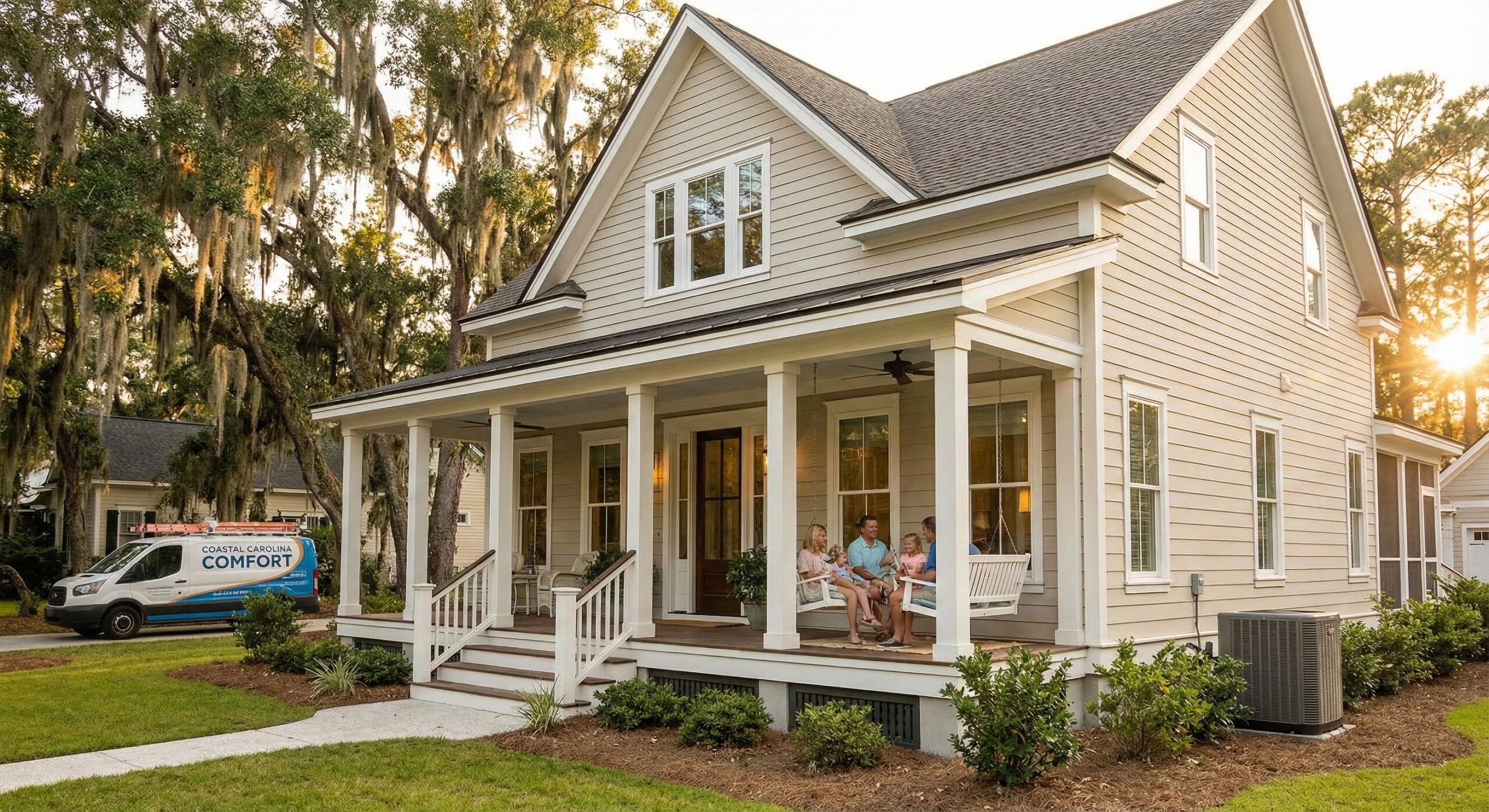 A group of people sit and relax on the front porch of a beige house with white trim on a sunny day in Summerville SC. A van labeled “Coastal Comfort HVAC” is parked in the driveway, surrounded by trees and greenery.