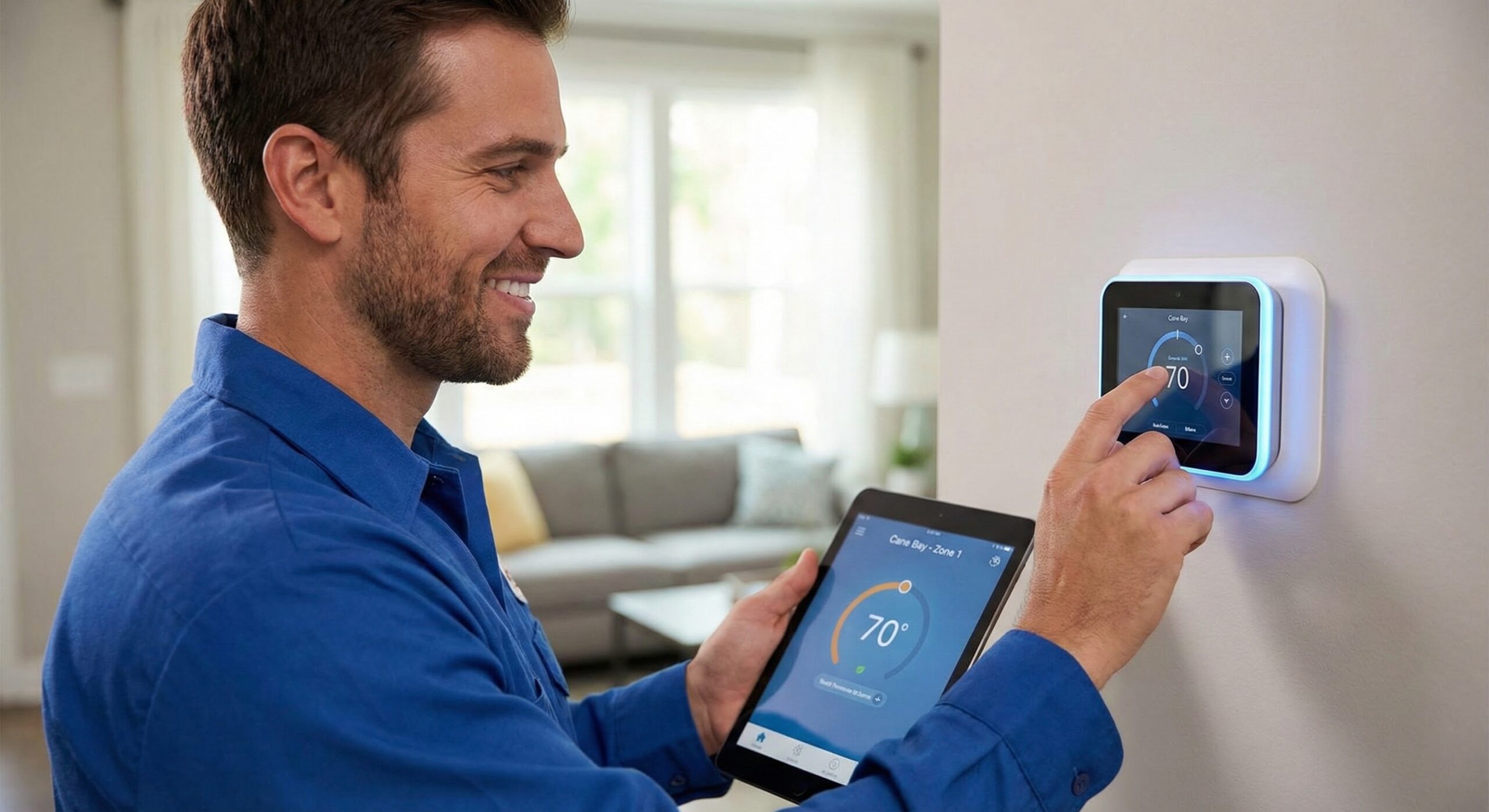 A man in a blue shirt smiles while adjusting a smart thermostat on the wall, holding a tablet with matching temperature settings. In the bright living room, he enjoys efficient heating repair thanks to Nexton. A cozy sofa is visible in the background.