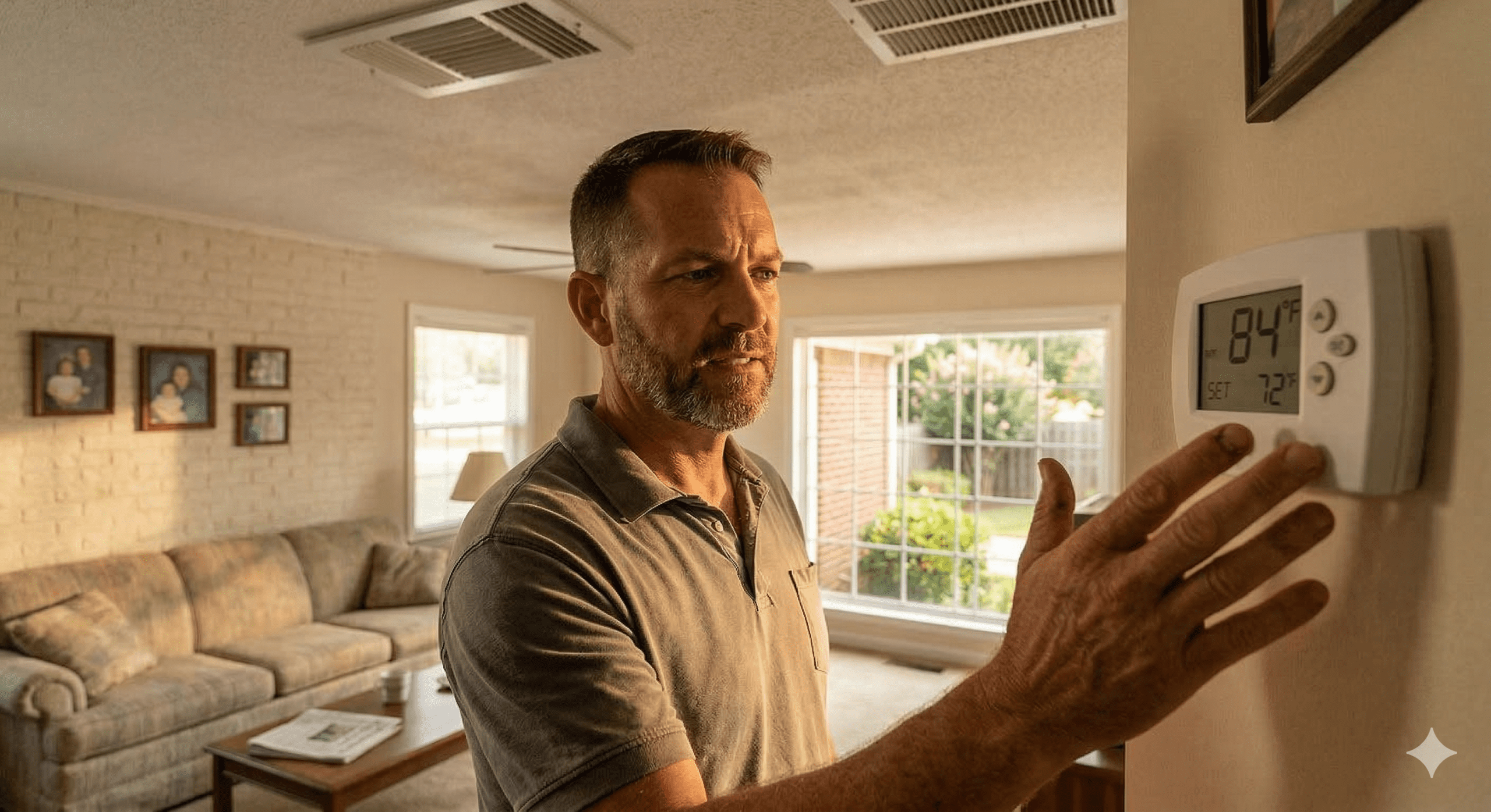 A man in a living room adjusts a wall-mounted thermostat, which displays 84°F—hinting at AC not cooling. Sunlight streams through large windows, and family photos hang on the wall behind him.