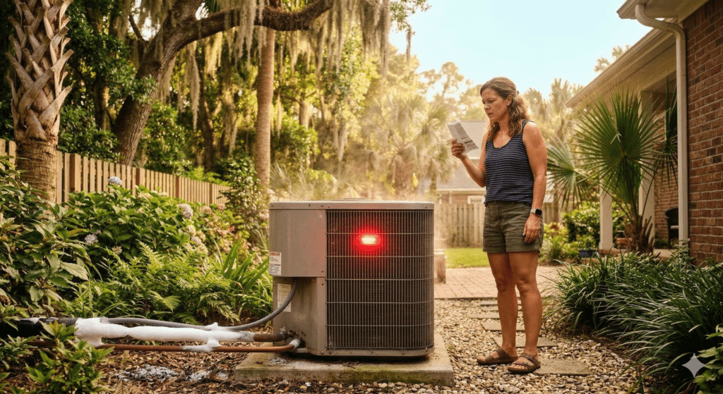 A woman stands in a backyard near an outdoor air conditioning unit with a red warning light and visible frost. She reads a piece of paper with concern, facing an Emergency AC Repair as Lowcountry Heat bears down. Lush greenery frames the brick house behind her.