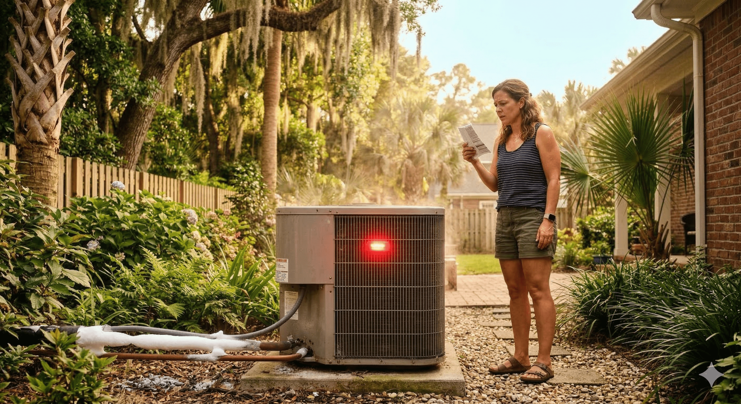 A woman stands in a backyard near an outdoor air conditioning unit with a red warning light and visible frost. She reads a piece of paper with concern, facing an Emergency AC Repair as Lowcountry Heat bears down. Lush greenery frames the brick house behind her.