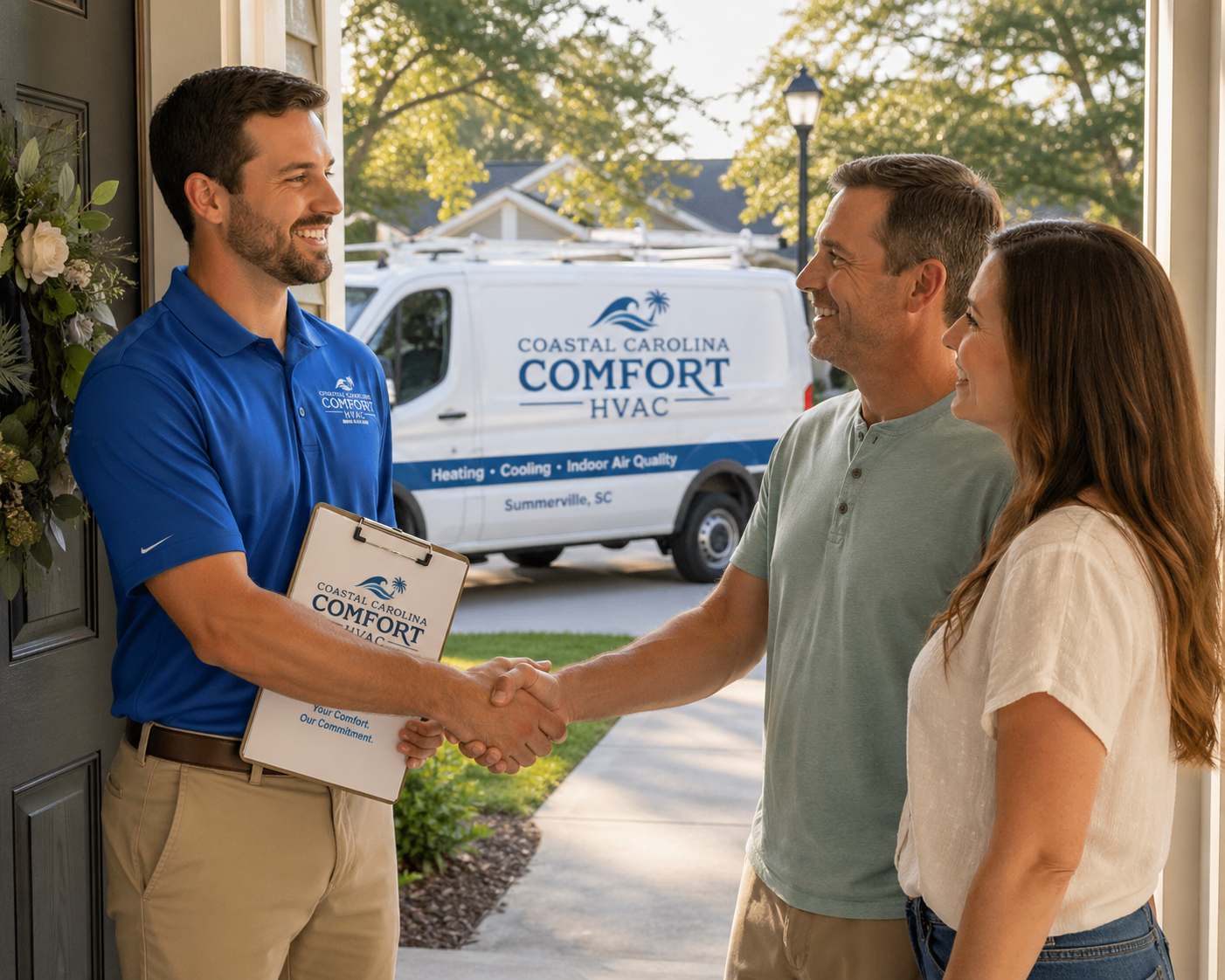 Coastal Carolina Comfort technician greeting Summerville homeowners at their front door