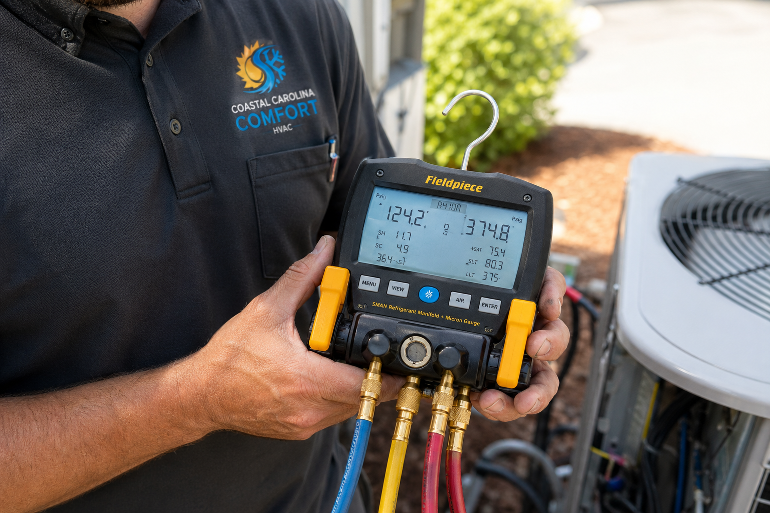 Coastal Carolina Comfort technician performing AC diagnostic with manifold gauges in Summerville, SC