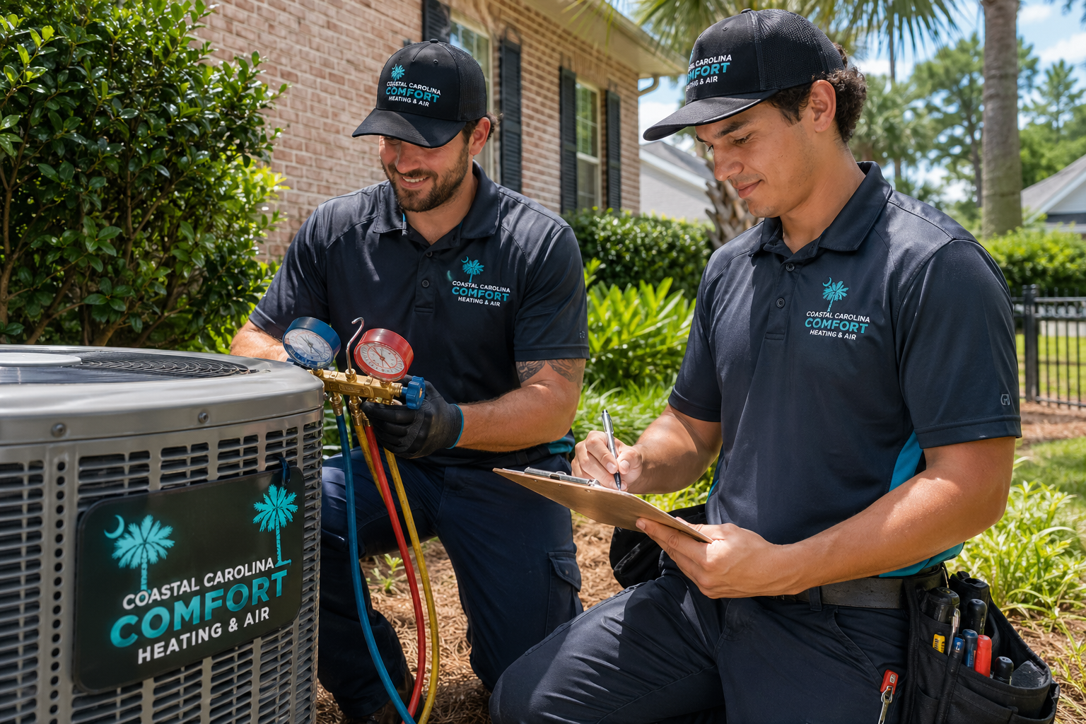 Coastal Carolina Comfort HVAC technicians servicing a residential AC condenser unit in Summerville, SC