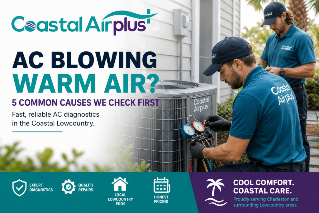 Two Coastal Airplus technicians inspect an outdoor AC unit next to a house, addressing AC problems like AC blowing warm air. Text highlights diagnostics, air conditioner repair services offered, and the slogan “Cool Comfort. Coastal Care.” Logo and service icons are visible.