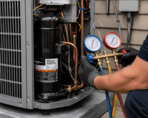 A technician wearing gloves uses a manifold gauge set to check for AC compressor symptoms on an outdoor air conditioning unit, with the service panel open to expose the internal components.